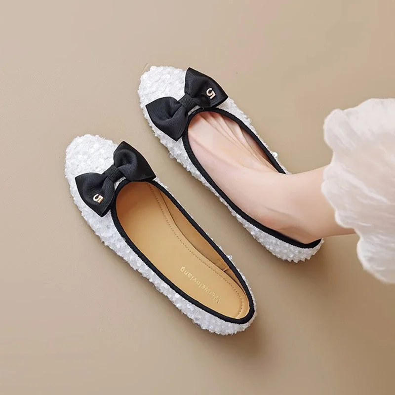 Flats shoes for women with lightweight, breathable material -Women Stylish Bowknot Crystal Textile Soft Flats