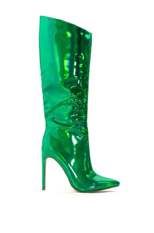 boots for outdoor adventures with full foot protection-NOVA-GREEN HOLOGRAPHIC STILETTO BOOT