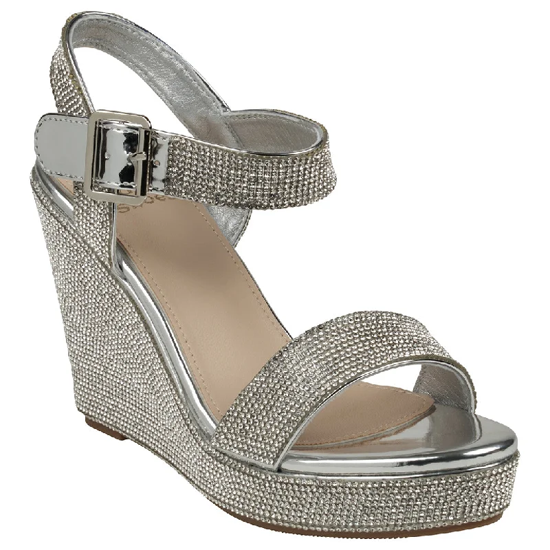 Sandals for women with faux leather straps for affordable luxury -Betty Silver Embellished Slingback Wedge Sandals