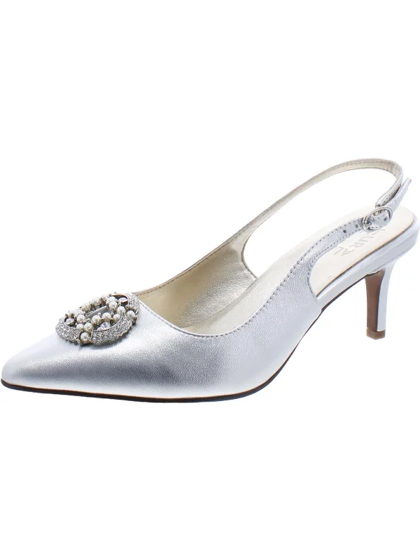 Emily Womens Leather Rhinestone Slingback Heels