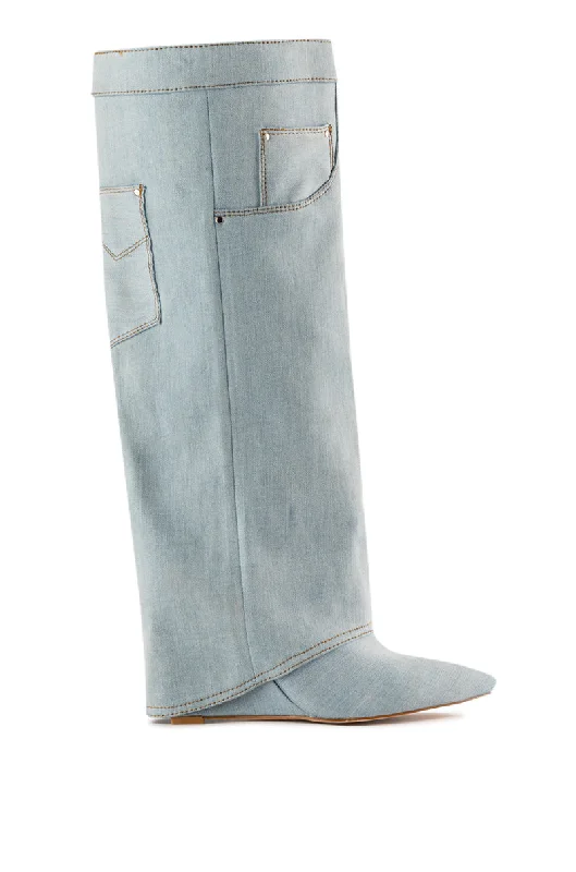 boots for all-weather wear with extra protection-MELINA-DENIM WEDGE BOOT