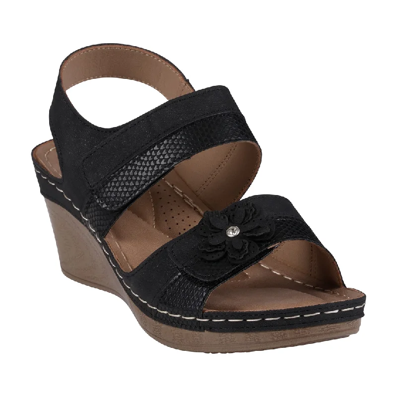 Comfortable sandals with adjustable ankle straps for a perfect fit -Tulip Velcro Black Double Band Flower Wedge Sandals