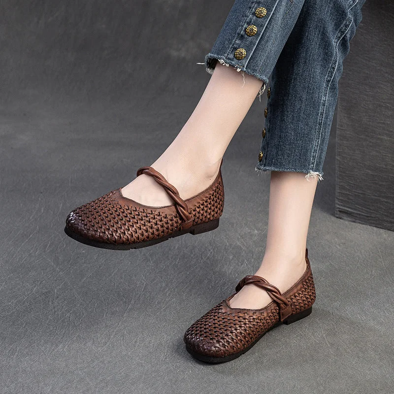 Flats shoes for women with cushioned soles for comfort -Women Retro Handmade Plaited Leather Casual Flats