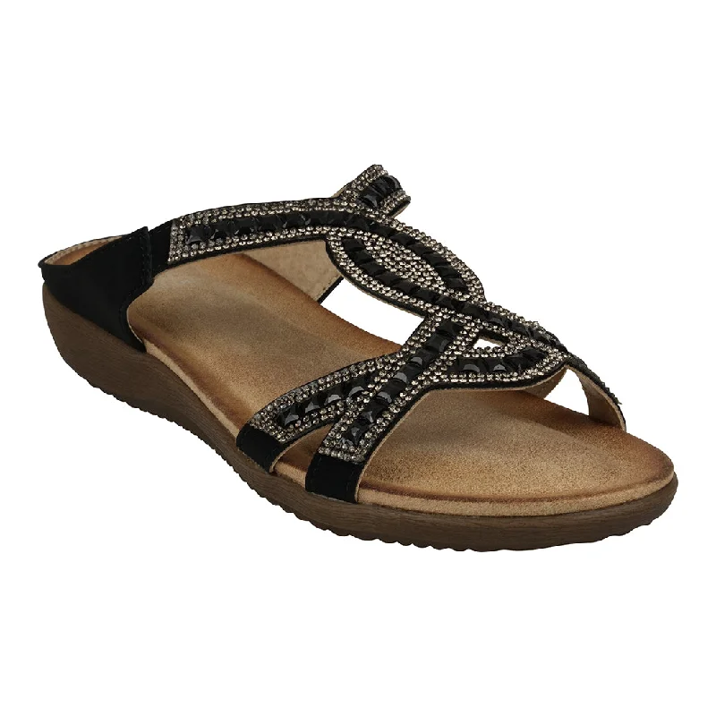 Sandals for women with unique color combinations for fashion -Alora Black Embellished Slide Flat Sandals