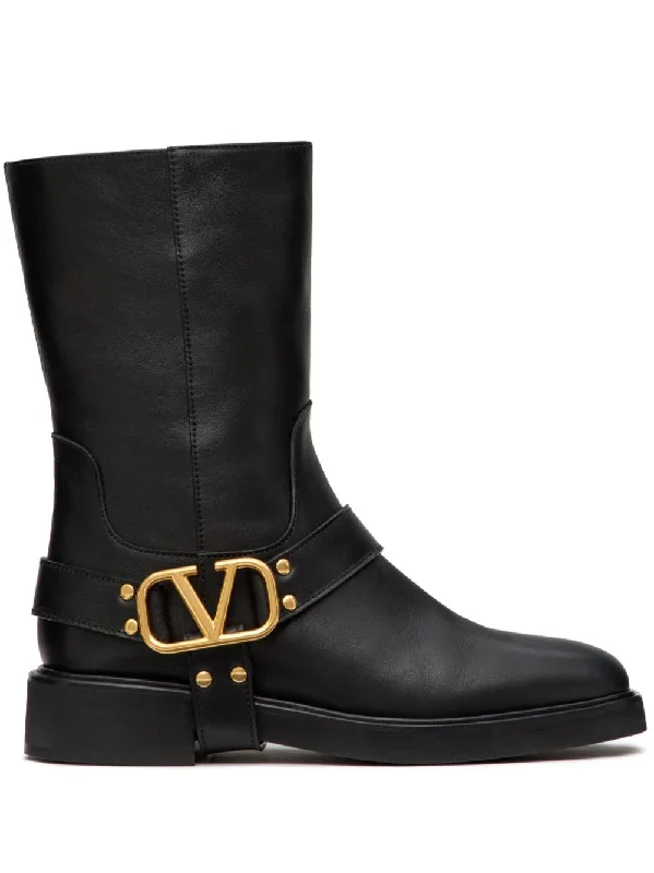 boots for people with joint pain-VALENTINO GARAVANI Signature Leather Boots - Square Toe Slip-On - FW24