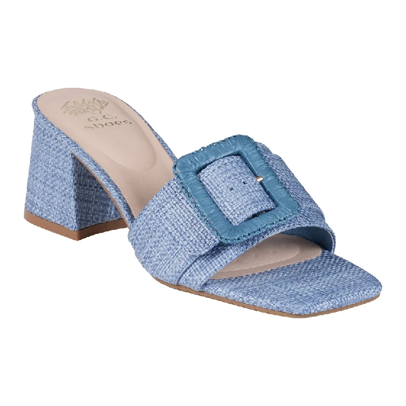 Comfortable sandals for casual strolls in the park with supportive soles -Britta Blue Oversized Buckle Heeled Sandals