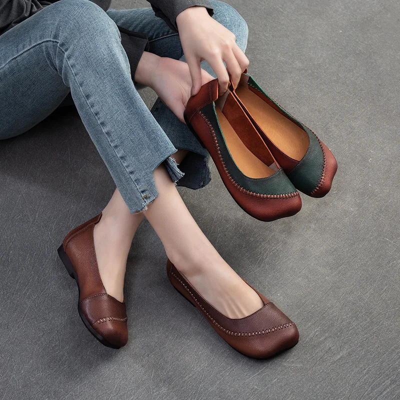 Flat shoes for wide feet women -Women Retro Color Matching Leather Soft Flats