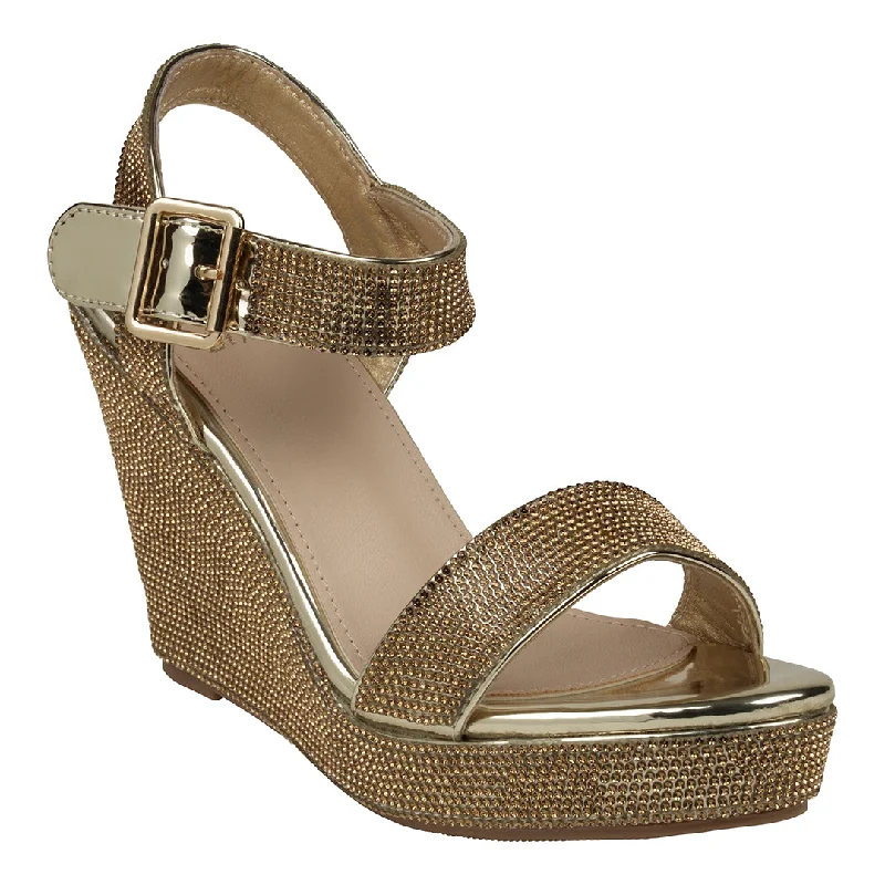 Sandals for women with padded footbeds for better support during walking -Betty Gold Embellished Slingback Wedge Sandals