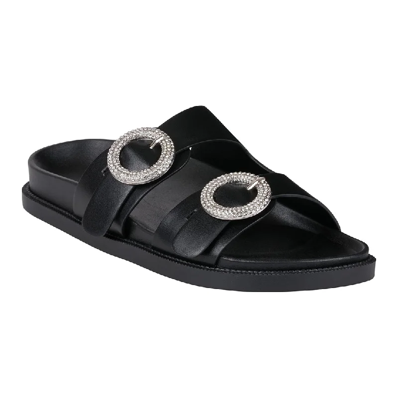 Sandals for women with minimalistic designs for simple elegance -Jordyn Black Double Band Embellished Slide Footbed Sandals