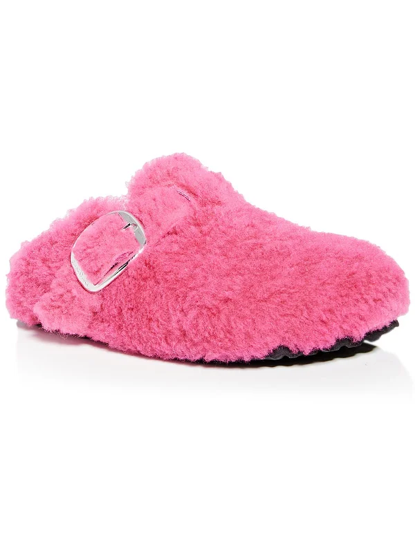 slippers for men with cold feet-Boston Big Buckle Womens Fuzzy Slip On Mules