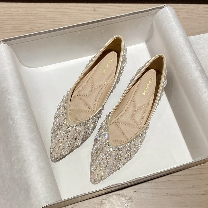 Trendy flats shoes for everyday outfits -Women Stylish Casual Crystal Pointed Toe Flats