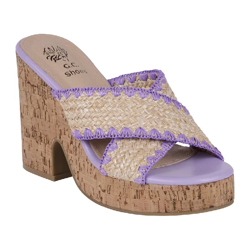 Trendy sandals with strappy designs for a chic and fashionable look -Elsa Lilac Woven Cross Strap Wooden Platform Heeled Sandals