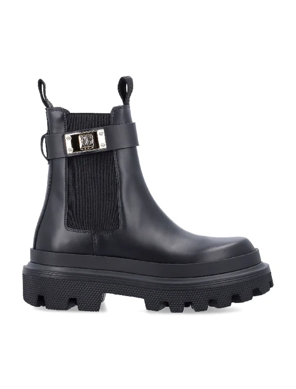 boots for stylish, comfortable use in snowy weather-DOLCE & GABBANA Chic Combat Leather Boots with Gold-Tone Accent