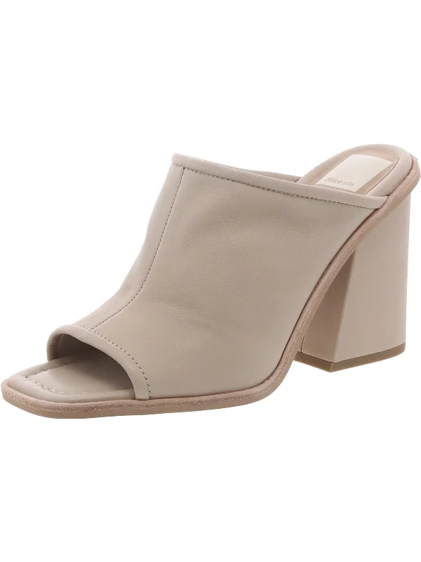 Womens Leather Block Heel Mules