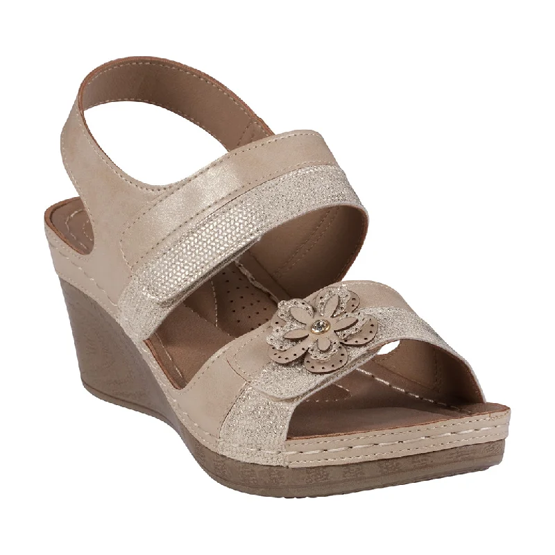 Trendy sandals for summer with unique geometric patterns -Tulip Velcro Gold Double Band Flower Wedge Sandals