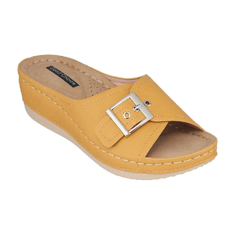 Comfortable sandals for active women with contoured footbeds -Justina Yellow Wedge Sandals