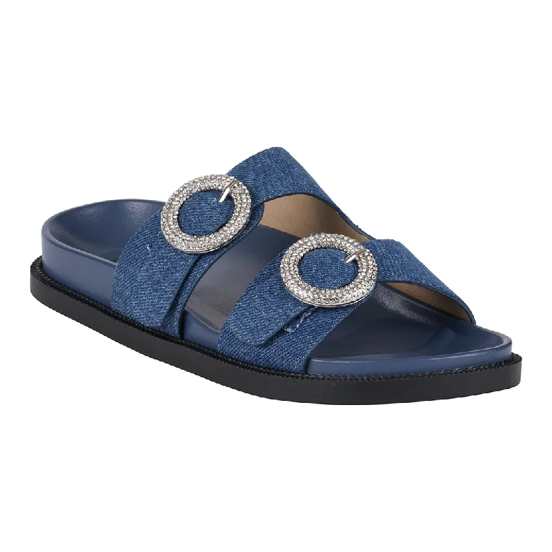 Sandals for women with velcro straps for quick and easy fastening -Jordyn Denim Double Band Embellished Slide Footbed Sandals