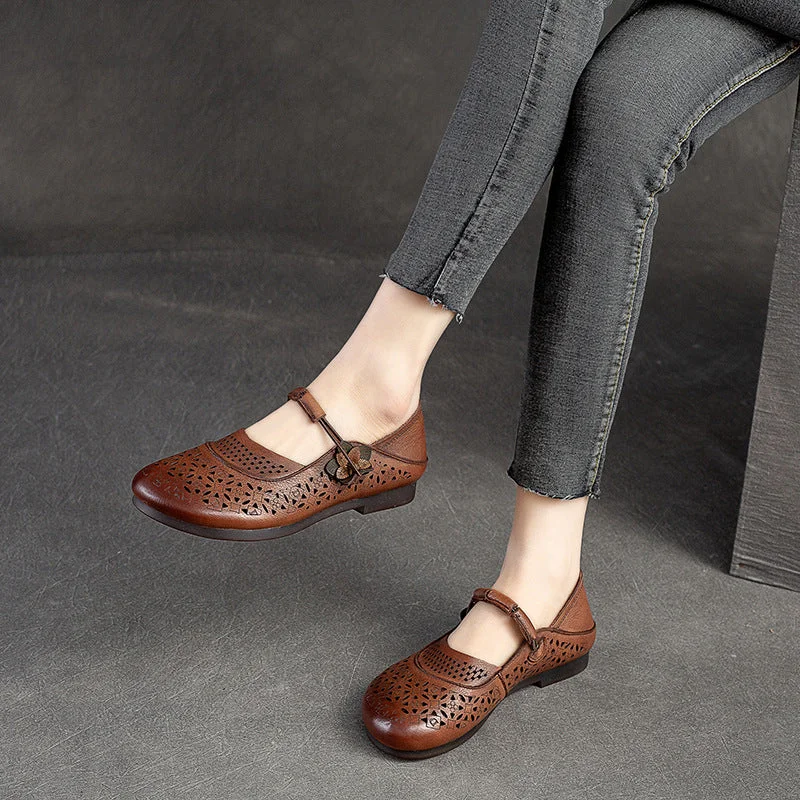 Flats shoes for travel comfort and style -Women Summer Hollow Soft Leather Flats