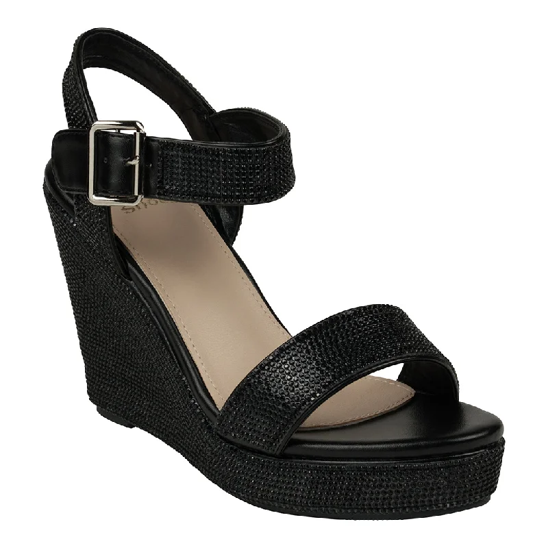 Sandals for women with wide straps for a sleek and comfortable design -Betty Black Embellished Slingback Wedge Sandals