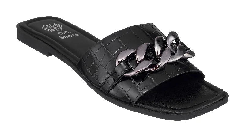 Trendy sandals for women with buckle details for chic looks -Rina Black Flat Sandals