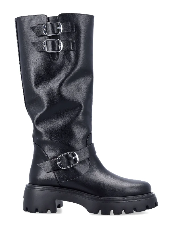 boots with removable insoles for comfort-STUART WEITZMAN Knee-High Moto Boot with Buckle Details