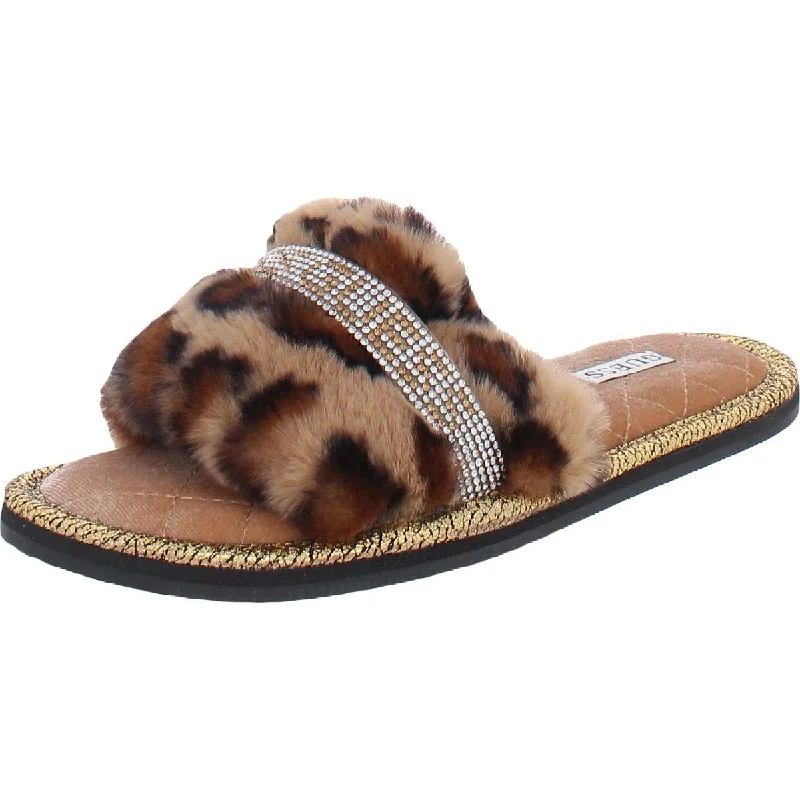 slippers for comfortable warmth in cold weather-Guess Womens Slippy Faux Fur Rhinestone Slide Slippers