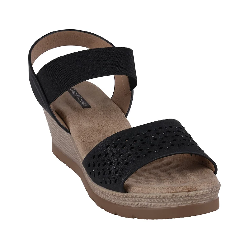 Sandals for women with extra cushioning for all-day wear -Bane Black Embellished Elastic Double Band Wedge Sandals