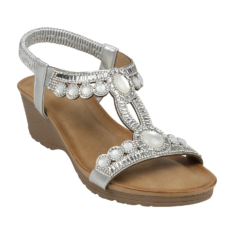 Stylish sandals for evening wear with sparkly embellishments for glam looks -Fiah Silver Jeweled Slingback Wedge Sandals