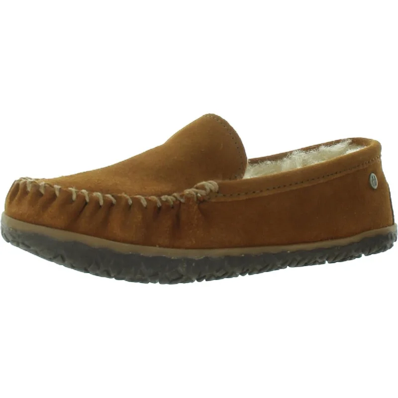 slippers with arch support and heel comfort-Minnetonka Womens Terese Suede Shearling Moccasin Slippers