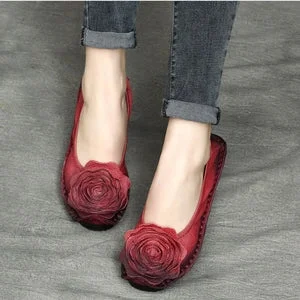 Flats shoes for casual dinner outings -Women Retro Flower Leather Casual Flats