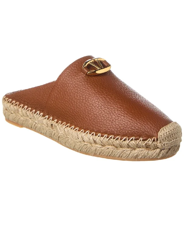 slippers for comfort in any season-Valentino VLogo Grainy Leather Mule Espadrille