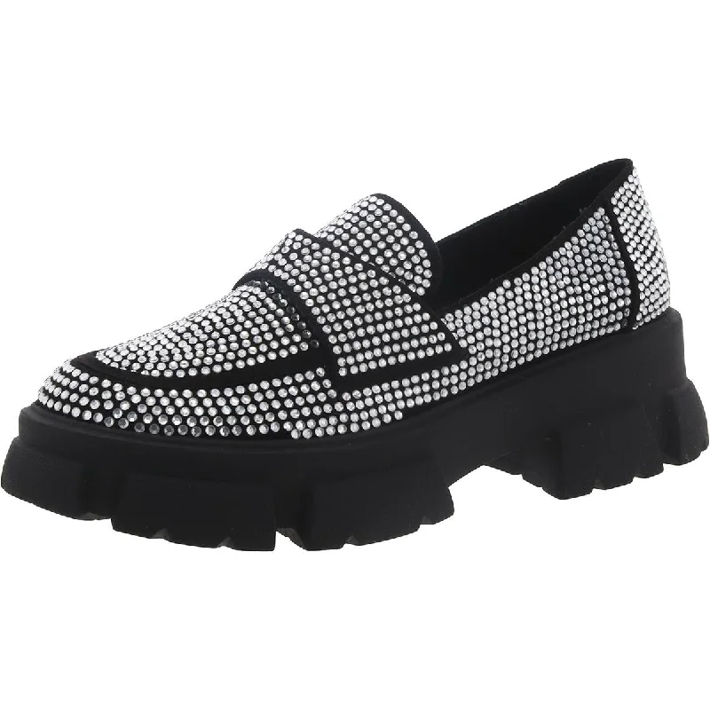 loafers for men with cushioned fit and modern look -Steve Madden Womens Trifecta Faux Suede Rhinestone Loafers