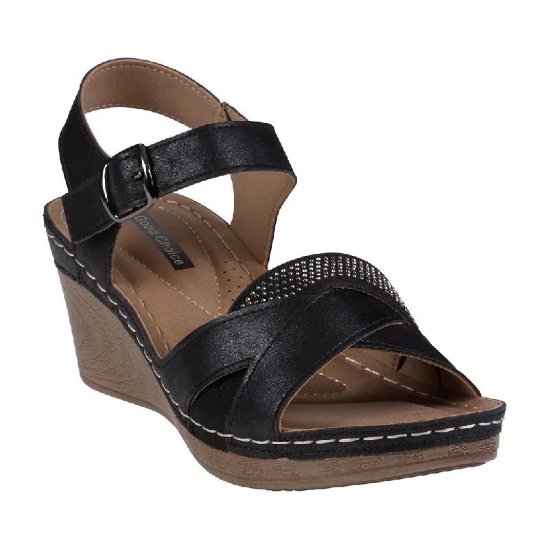 Trendy sandals for women with frayed strap edges for a relaxed look -Monaco Black Strappy Embellished Wedge Sandals