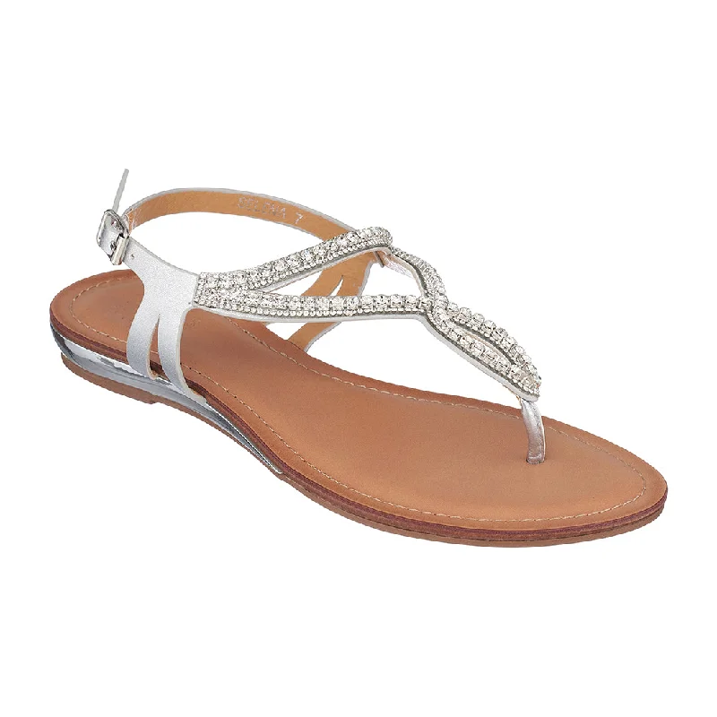 Trendy sandals with adjustable ankle straps for a secure fit -Selena Silver Flat Sandals