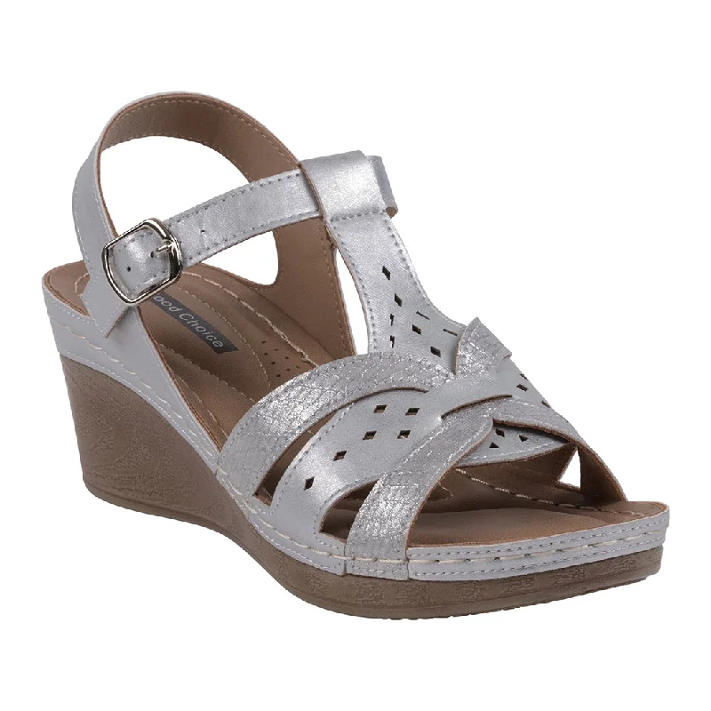 Comfortable sandals for travel with lightweight construction for ease of packing -Darry Silver Perforated T-Strap Slingback Wedge Sandals