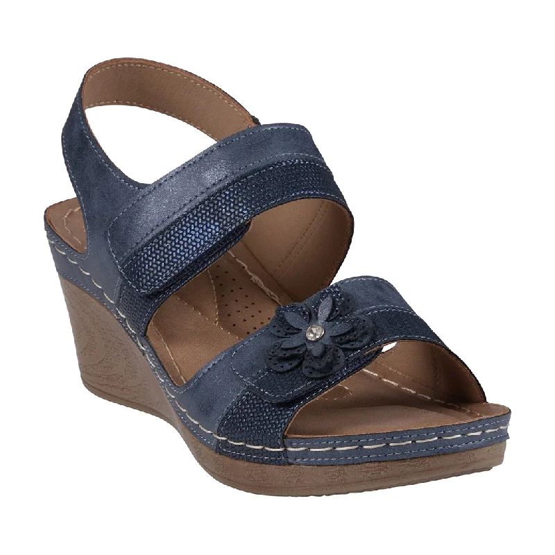 Comfortable sandals for casual strolls in the park with supportive soles -Tulip Velcro Blue Double Band Flower Wedge Sandals