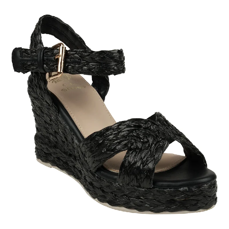 Comfortable sandals for women with extra-wide straps for added support -Maya Black Cross Strap Espadrille Slingback Wedge Sandals