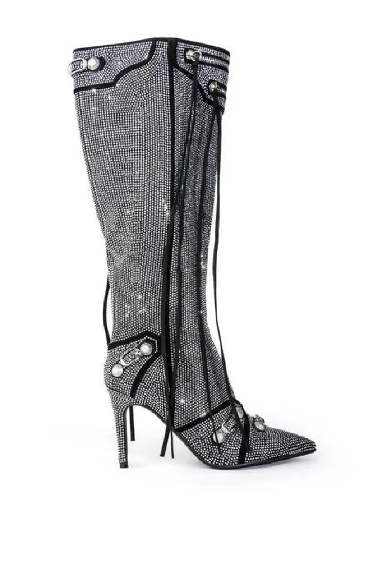 boots for preventing foot fatigue during winter wear-MAEVE-SILVER RHINESTONE STILETTO BOOT