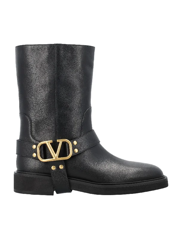 boots for people with wide feet needing extra space-VALENTINO GARAVANI V-Logo Biker Boots for Women - Mid Length