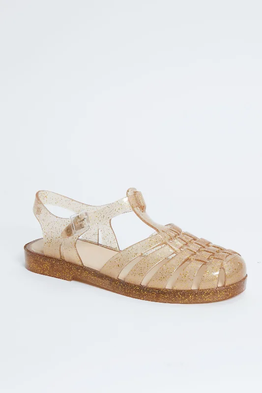 Trendy sandals with buckle accents for added detail and style -Gold Glitter Possession Sandals