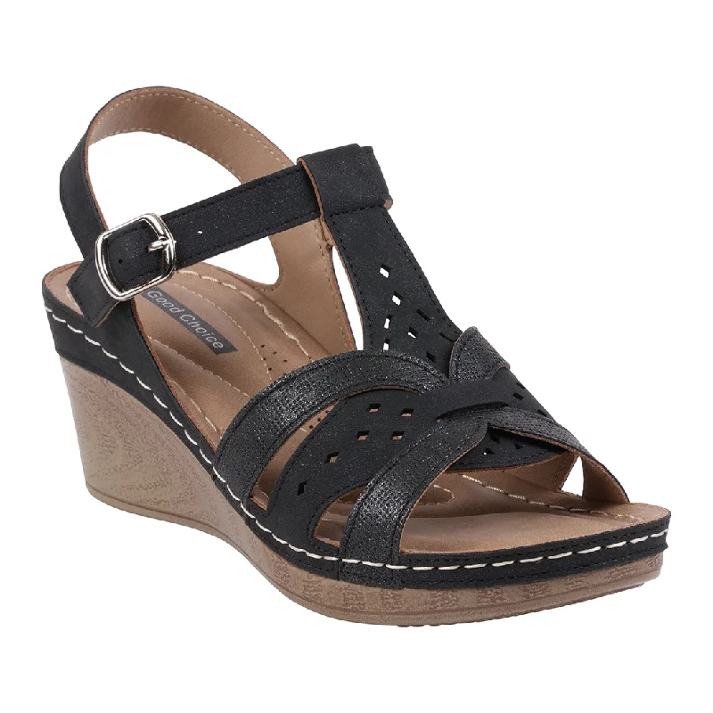 Sandals for women with easy slip-on design for convenience and comfort -Darry Black Perforated T-Strap Slingback Wedge Sandals