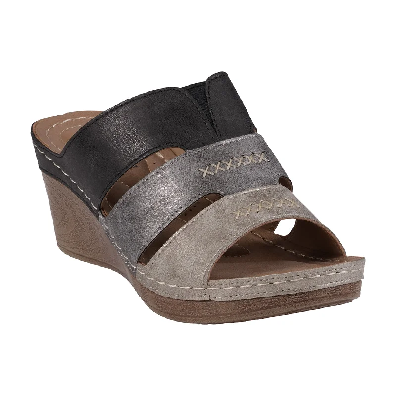 Sandals for women with soft leather straps for durability -Delores Black Multi-Tone Triple Band Contrast Wedge Sandals