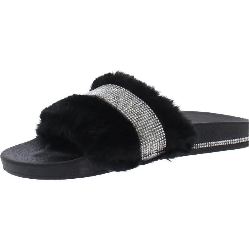 Comfortable sandals with flat soles for relaxed, comfortable wear -Shoe Land Womens Best Wishes Faux Fur Rhinestone Slide Sandals