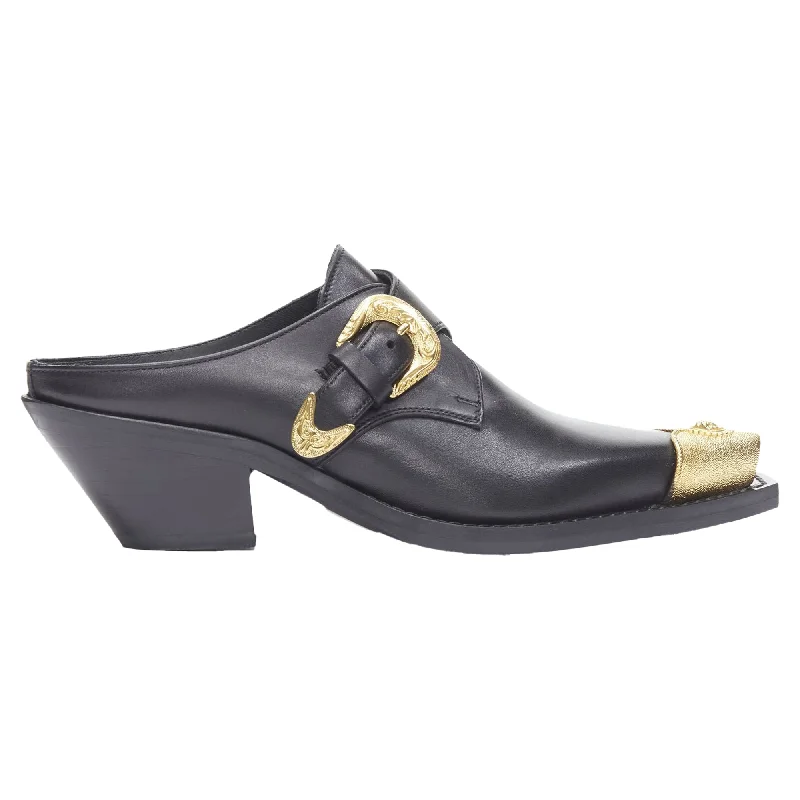 slippers with gel heel padding-Versace Leather Gold Medusa Toe Western Buckle Cuban Mule