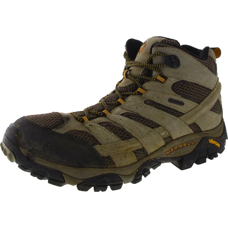 boots with padded footbeds for cushioning and support-Merrell Mens Moa 2 Mid WP Leather Mesh Inset Hiking Boots