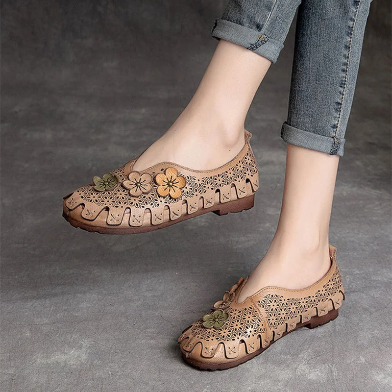 Flats shoes with cushion insoles for extra comfort -Women Summer Retro Hollow Soft Leather Flats