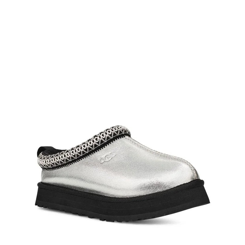 slippers for lounging around the house-UGG Unisex-Child Tazz Leather Slipper, Silver Metallic