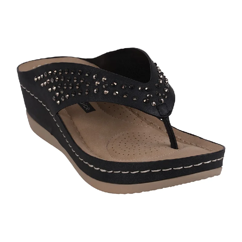 Sandals for women with chic ankle straps for added style -Tiana Black Embellished Comfort Wedge Sandals