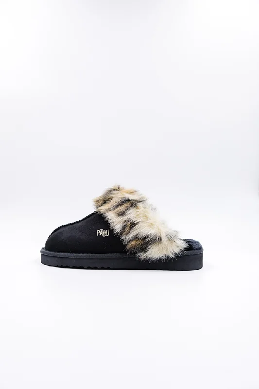 slippers with thick plush lining-PAWJ Slippers | Black / Wild Leopard