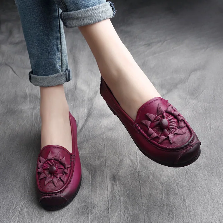 Ballet flats for women with bow -Women Retro Leather Handcraft Soft Casual Flats